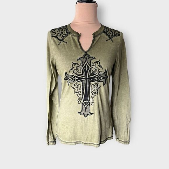 Affliction Tops - Affliction Women's M Long Sleeve Lace Cross Embellished Tee Acid Wash Green Goth